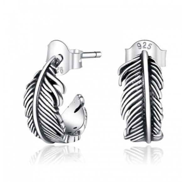 Jewelry - 925 Sterling Silver Feather Hoop Earrings – Boho Vintage Style Small Huggies